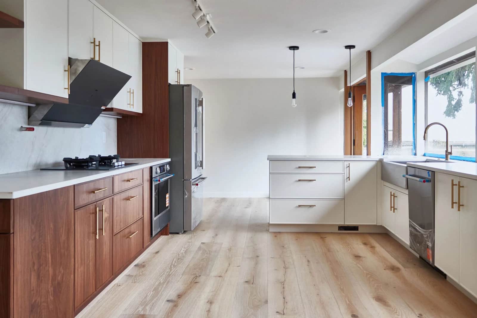 Walnut kitchen with white stone counters, Bellevue, WA